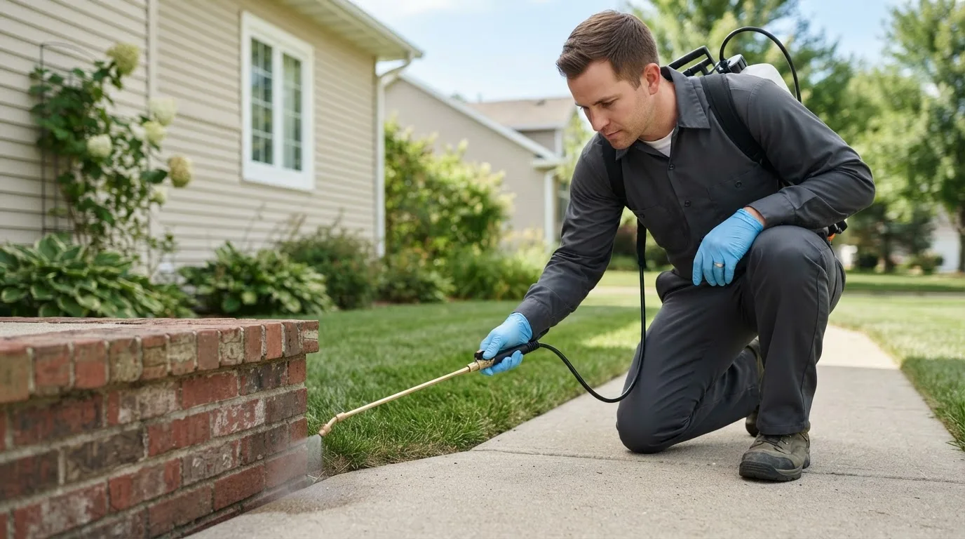 Pest control technician treating a home near Goodland, IN