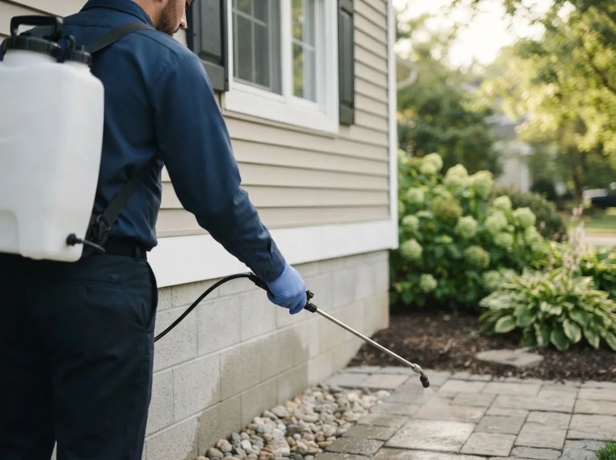 Pest control technician inspecting a home in Goodland, IN